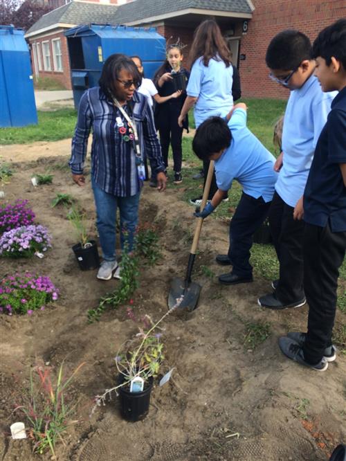 Mrs.Ortiz overseeing student gardeningwork 